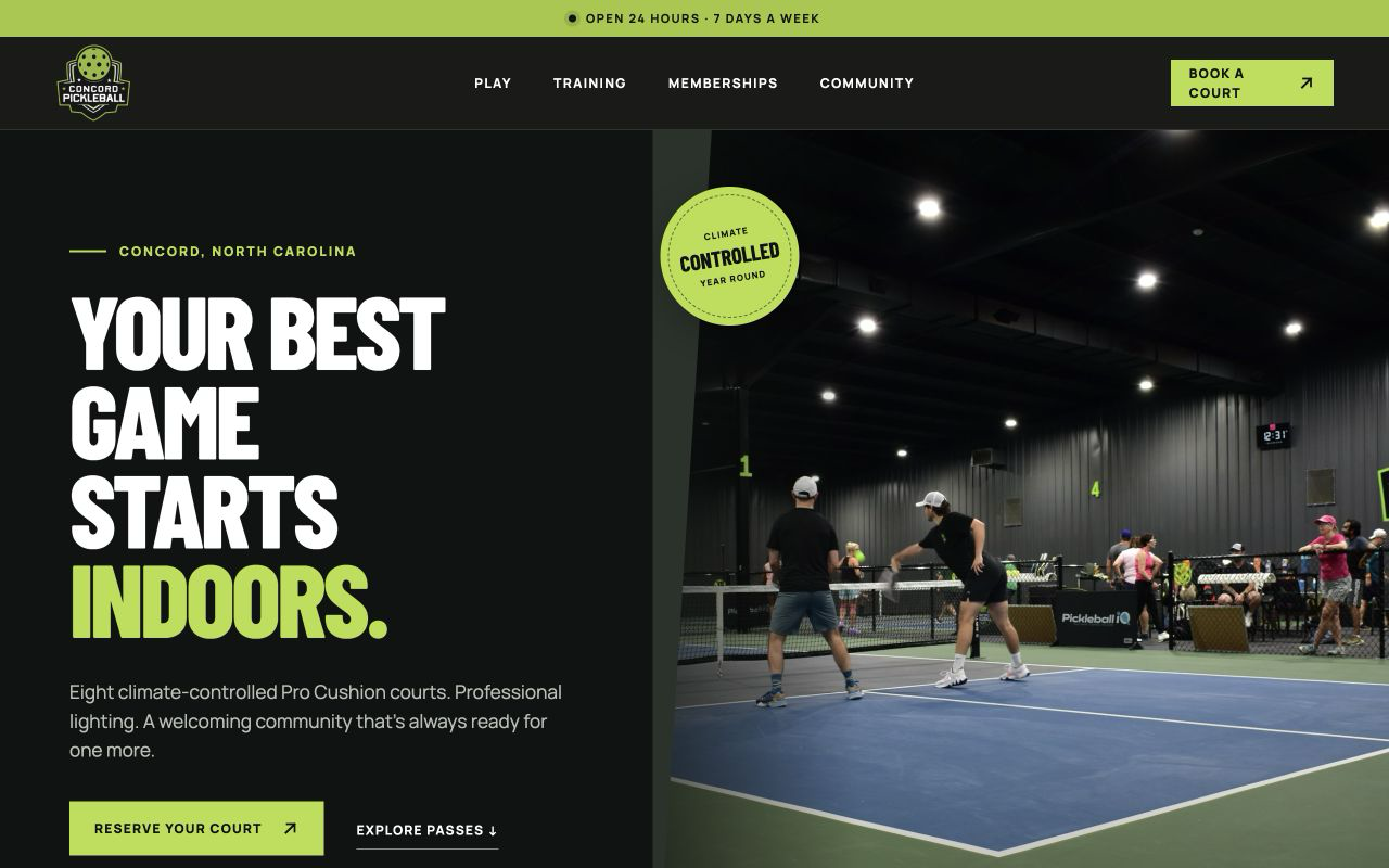 Concord Pickleball homepage showing players on an indoor court