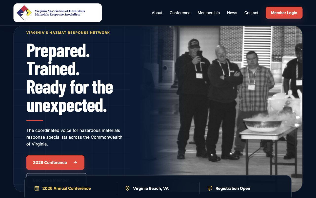 VAHMRS homepage featuring hazardous materials response specialists at a training demonstration